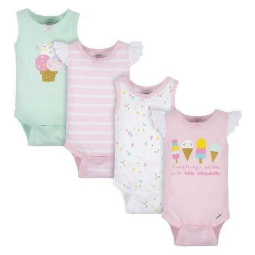 Gerber Set of 4 Ice Cream Themed Bodysuits for Baby Girls 0-3M 0