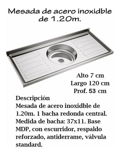 Mesada De Acero Inoxidable Con Bacha 1.20 Mts Cocina Redonda 2