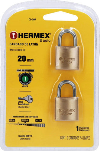 Candado De Bronce 20mm Con 2 Llaves Hermex Basic Pack X 2 0