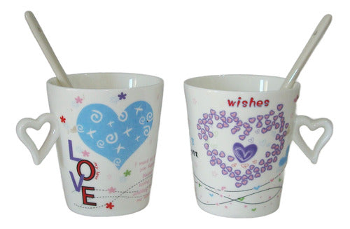 A LOVING TIME Set of 2 Printed Ceramic Mugs with Spoons 0