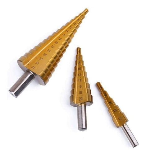 Set of 3 Stepped Drills 4-12 4-20 4-32 Titanium Coated in Wooden Box 3