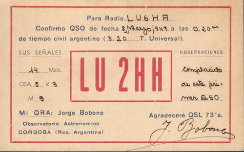 Tarjeta Qsl - De Lu2hh A Lu6ha (año 1947) 0