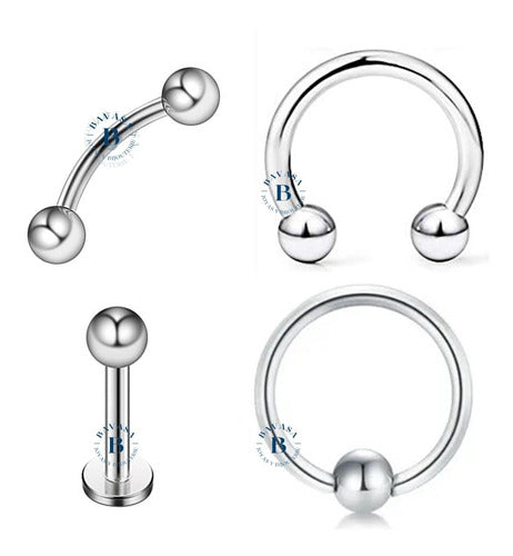 Bavasapiercing Set of 4 Eyebrow, Labret, Barbell, Bull Cone Piercings in Surgical Steel 1