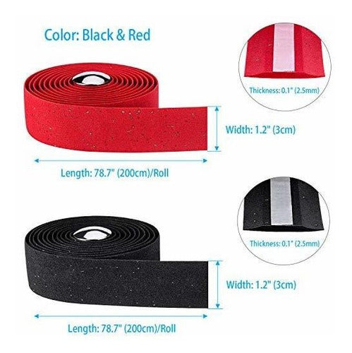 Awpeye Bicycle Handlebar Tape Cork Bar Tape With End Plugs - 4 Rolls (Black, Red) 1