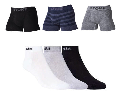 Stone Boxer Shorts X3 + 3 Pairs of Assorted Socks 0