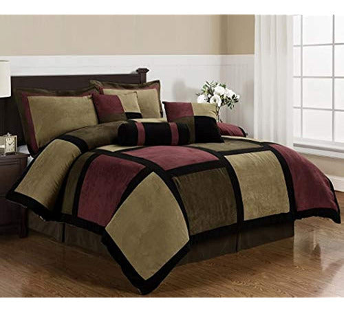 Chezmoi Collection 7 Piece Micro Suede Comforter Set in Brown, Burgundy, and Black 1