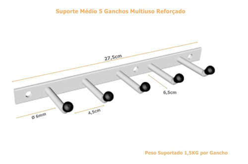 Kit 2 Suportes Cabide Multiuso Reforçado 5 Ganchos Branco 1