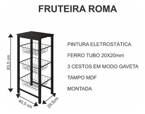 Fruteira De Cozinha Aço Preto Cesto Preto Tampo Canela Roma 2