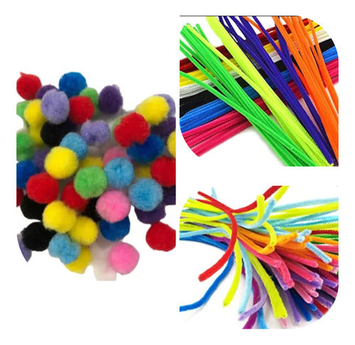 200 Pipe Cleaners + 100 Pom Poms 20 mm Multicolor 0