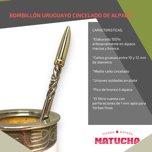 Handcrafted Uruguayan Chiseled Solid Alpaca Bombilla - Bombillon Uruguayo Artesanal Cincelado De Alpaca Maciza