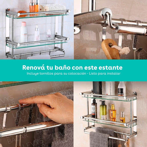 Levys Bazar Bathroom Organizer Towel Rack 2 Shelf Stainless Steel Glass 2