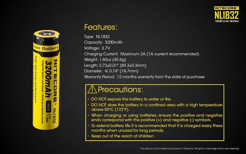 Nitecore Rechargeable 18650 3200mAh 3.7V 1