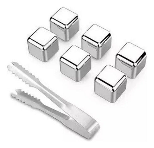 Set of 6 Stainless Steel Ice Cubes with Tongs - Reusable 0