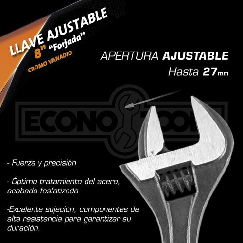 Llave Ajustable Francesa 8 Pulgadas 20cm Forjada Cromo Vanad 1