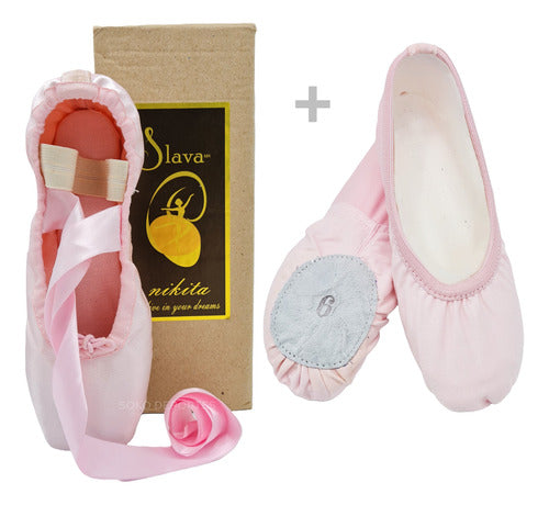 Slava Ballet Pointe Shoes with Ribbons + Elastic Canvas Split Sole Pointe Shoes 8