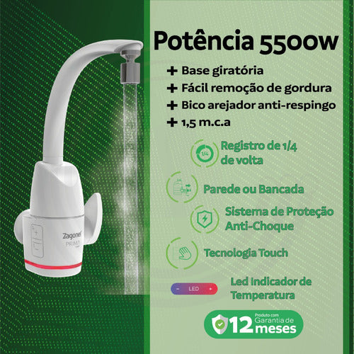 Torneira Elétrica Touch Prima Zagonel  Branco 220v - 5.500w 1