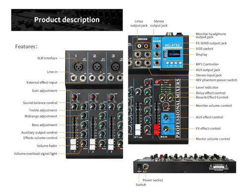 Genérica Consola Dj Sonido Mezcladora 7 Canales De Bluetooth Display 5