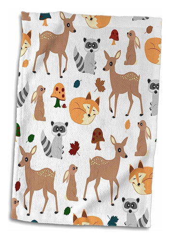 3dRose Woodland Animals Pattern-Fawn Fox Raccoon Rabbit Hand Towel 0