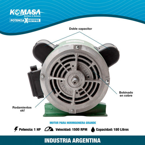 Motor Hormigonera 1hp Reforado 180lt Komasa Mezcladora Tromp 2