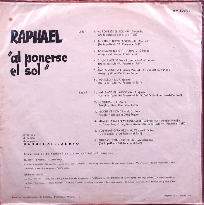 Raphael - Al Ponerse El Sol Vinilo LP - Edición Uruguaya 1968 - Disco Clásico Coleccionable