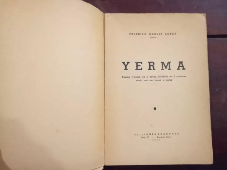 Editorial Anaconda Yerma by García Lorca – 1st Edition 1937 – Classic Spanish Play – Collectible Literature