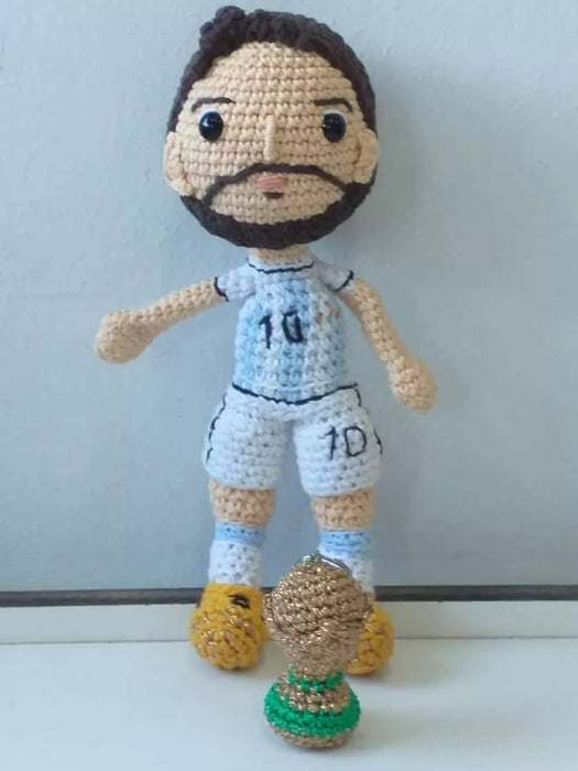 Crochet Messi Doll with World Cup Trophy - Handcrafted Soccer Player Toy for Fans and Collectors
