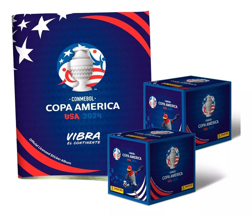 Kit Álbum Panini CONMEBOL Copa América USA 2024 - Tapa Blanda + 100 Sobres de Figuritas en Caja