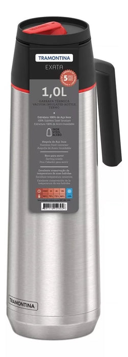 Tramontina Stainless Steel Thermos 1L - Silver, BPA-Free, Vacuum Insulated for Hot & Cold Drinks