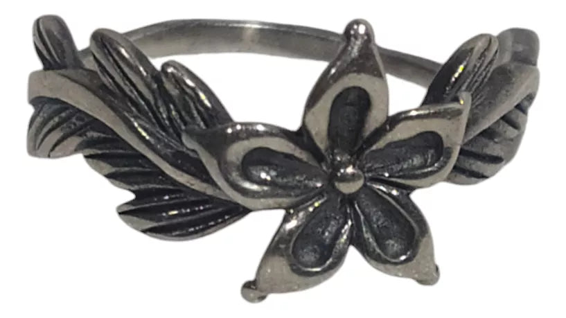 Sterling Silver 925 Floral and Leaf Ring – Oxidized Finish, Elegant Design, Adjustable Fit