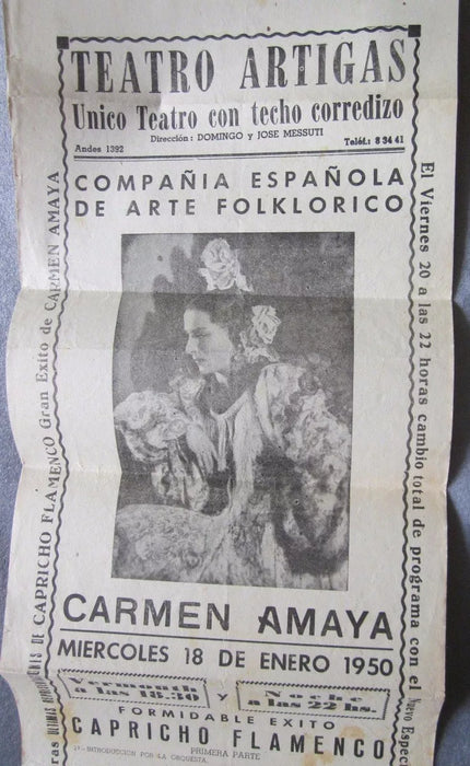 Vintage 1950 Teatro Artigas Program – Carmen Amaya Performance – 57 x 16.9 cm Rare Collectible