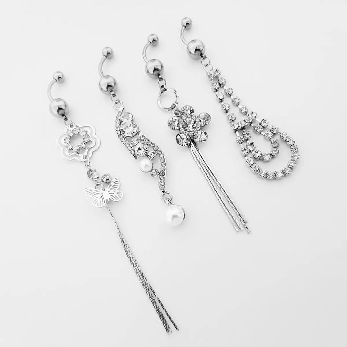 Surgical Steel 4-Piece Navel Piercing Set with Strass Charms – Approx. 2 cm Long