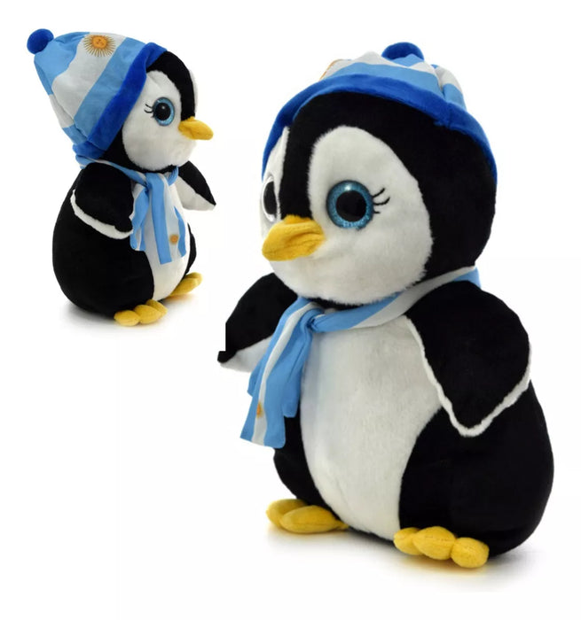 Pingüino de peluche grande con gorro y bufanda argentinos, peluche suave y tierno