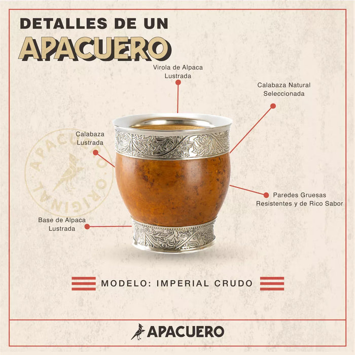 Apa Cuero Imperial Mate with Alpaca Rim and Natural Gourd - Handcrafted in Argentina