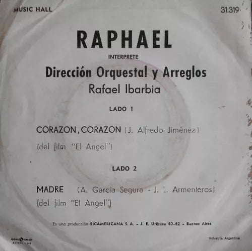 Raphael 'Corazon, Corazon' Single Vinyl w/ Cover - 8 Points - Classic Collectible Record