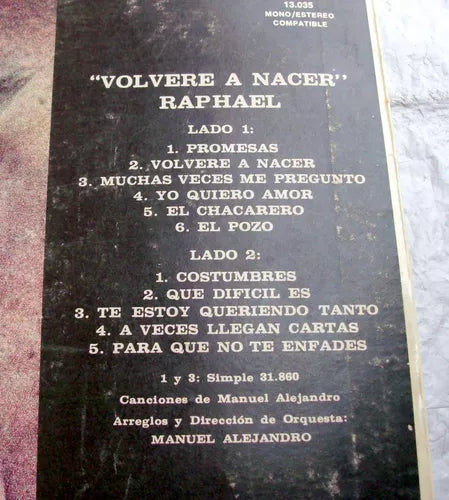 Raphael - Volveré A Nacer / Latin Pop Vinyl 1972 VG+ Condition