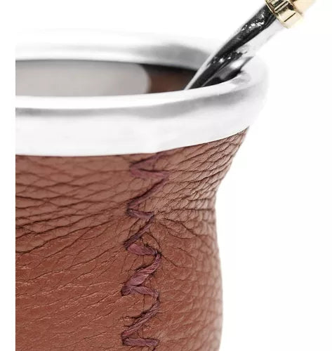 Melej Dark Brown Leather-Wrapped Glass Mate Set with Stainless Steel Straw