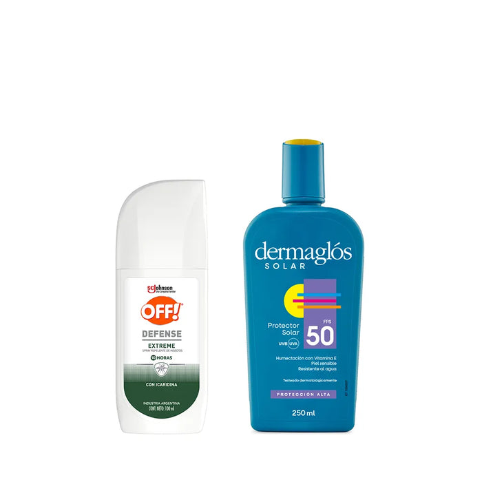 Dermaglós Ultimate Protection Combo: SPF 50 Sunscreen x 250ml + OFF! Defense Extreme Mosquito Repellent Spray x 100ml