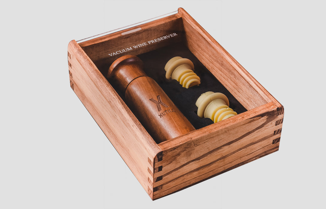 Xutill | Wine Preserver with Neoprene Stopper - Includes Wooden Case | 18 cm x 14 cm x 6.5 cm