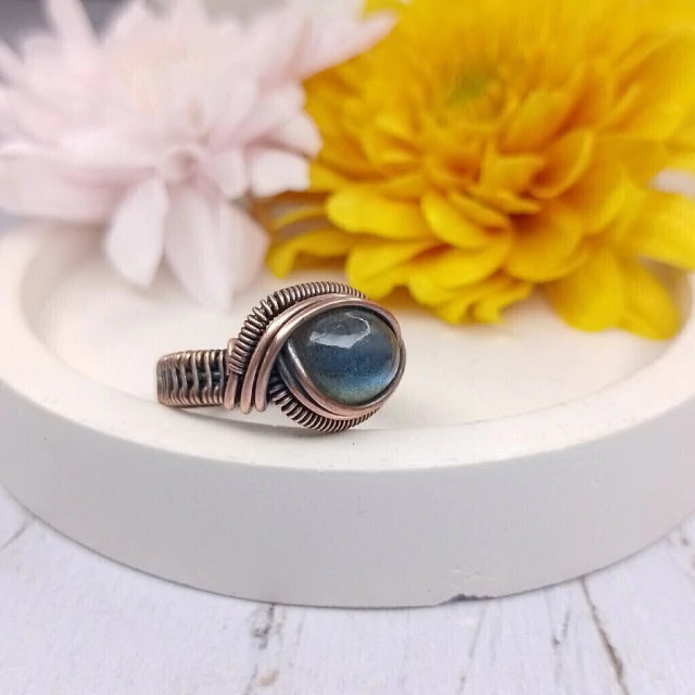 El Taller De Mema Antique Copper Ring with Blue Labradorite Stone - Handcrafted Elegance and Healing Aura - Size 15.6 mm