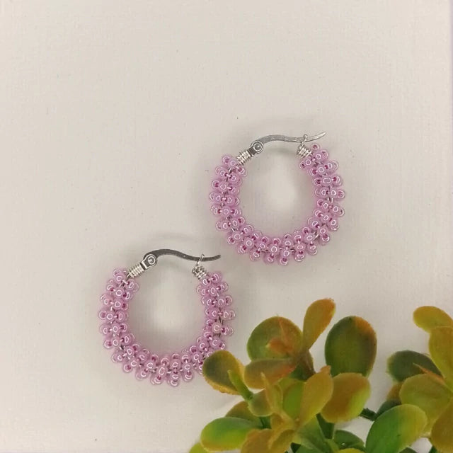 El Taller De Mema Mini Argollas - Mini Hoop Earrings Crafted with Czech Glass Beads on Hypoallergenic Surgical Steel Base