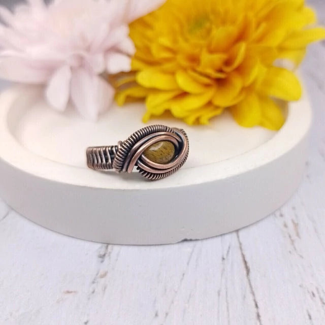 El Taller De Mema Old Copper Ring with Tiger Eye Stone - Handcrafted Elegance for Mind, Body, and Spirit Healing - Size 15.60 mm