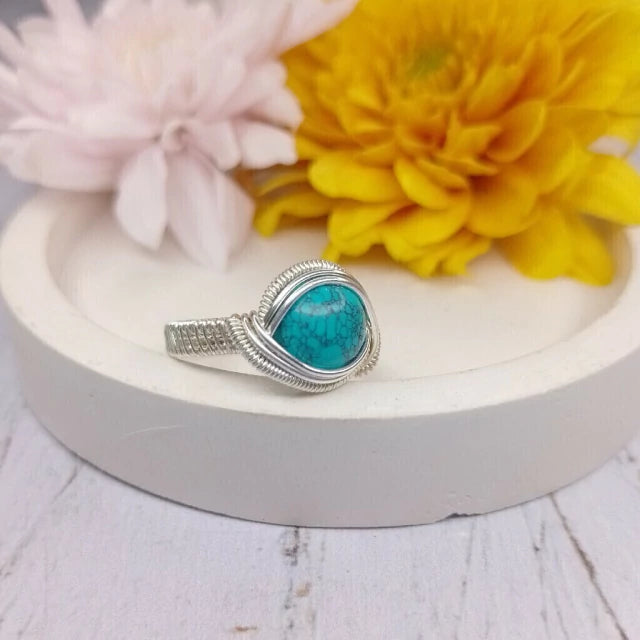 El Taller De Mema Silver-Plated Copper Ring with Howlite Stone - Unique Handcrafted Elegance for a Distinctive Touch - Hypoallergenic Fashion Accessory