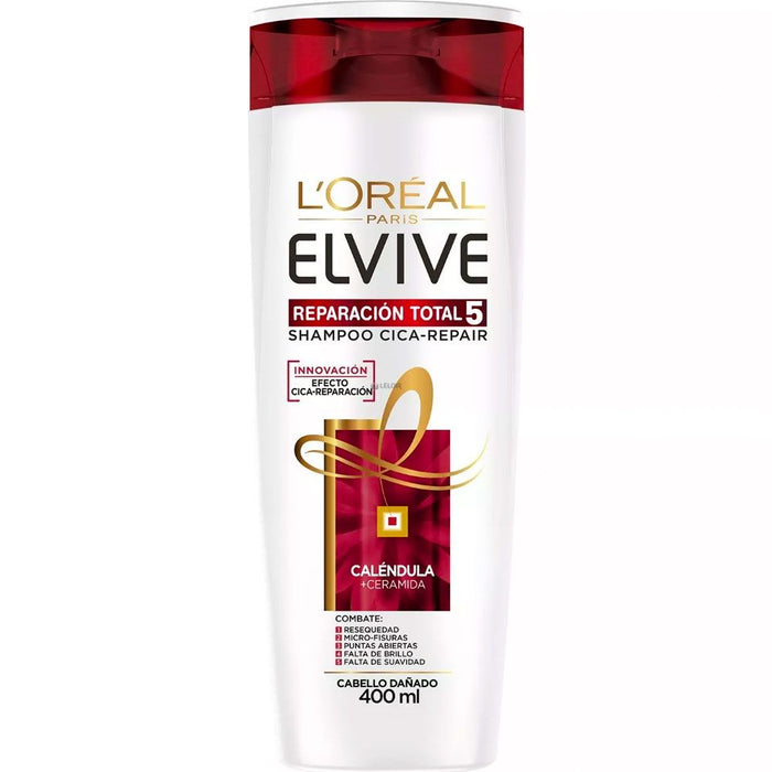Elvive L'Oréal Shampoo Reparación Total Repairing Shampoo for Damaged Hair with Calendula & Ceramide, 400 ml / 13.52 fl oz bottle