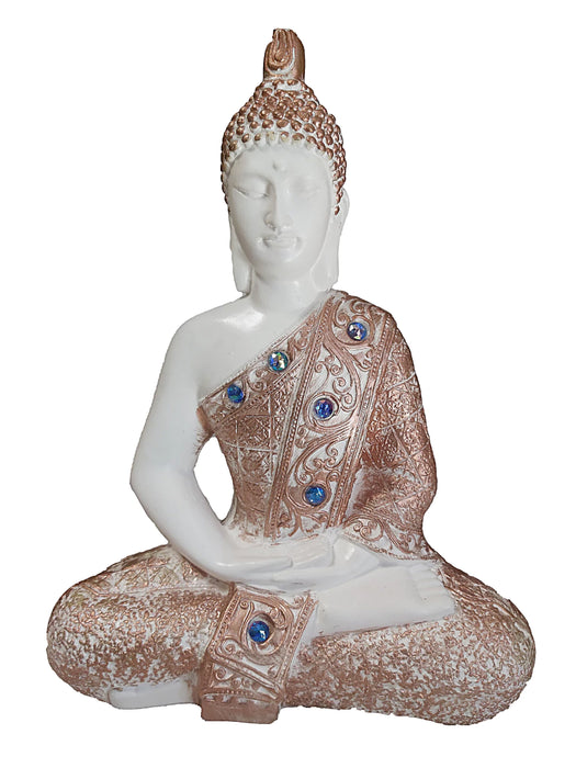 Estatua Decorativa de Buda Exclusiva Hecha a Mano por Mundo Hindú - Blanco Cobre 28 cm X 18 cm - Buda Decorativo Diseño Exclusivo Hecho a Mano Yeso Estatuilla Blaco Cobre