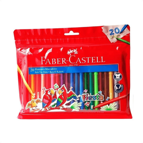 Faber - Castell Marcadores Punta Fina Fiesta Fine Point Markers for Drawing, Coloring and Marking Assorted Colors Washable Ink 20 Units Ideal For Home and School Projects