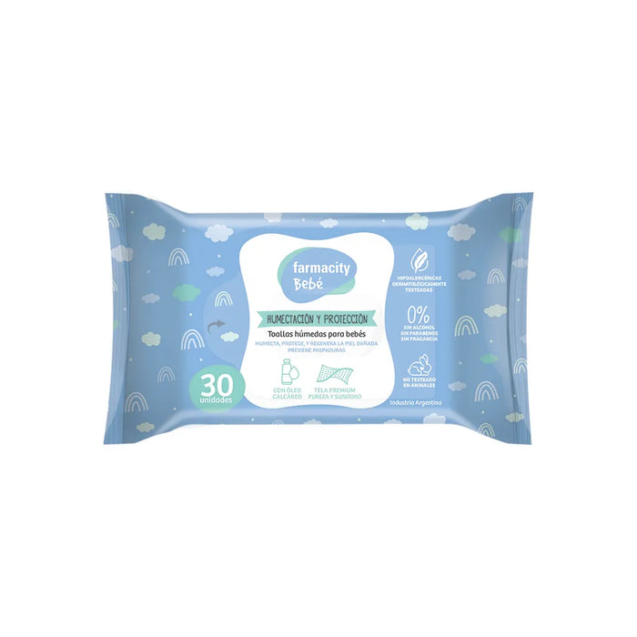 Farmacity | Toallitas Húmedas Baby Wipes - 30 Units | Hydration, Protection, Calcareous Oil Formula | Gentle Care for Little Ones