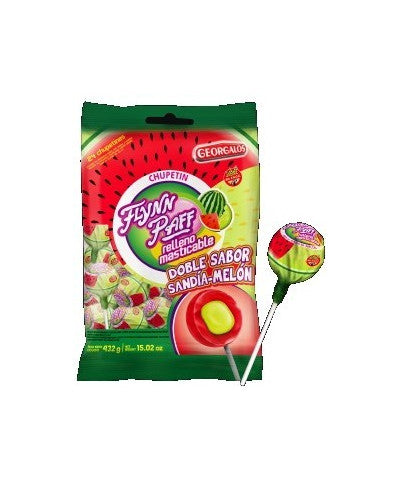 Flynn Paff Chupetines Doble Sabor Sandía - Melón con Relleno Masticable Double Flavor Lollipops Watermelon - Melon and Chewy Filling, 432 g / 15.23 oz (24 units)