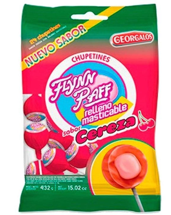 Flynn Paff Chupetines Sabor Cereza con Relleno Masticable Cherry Flavor Lollipops with Chewy Filling, 432 g / 15.23 oz (24 units)