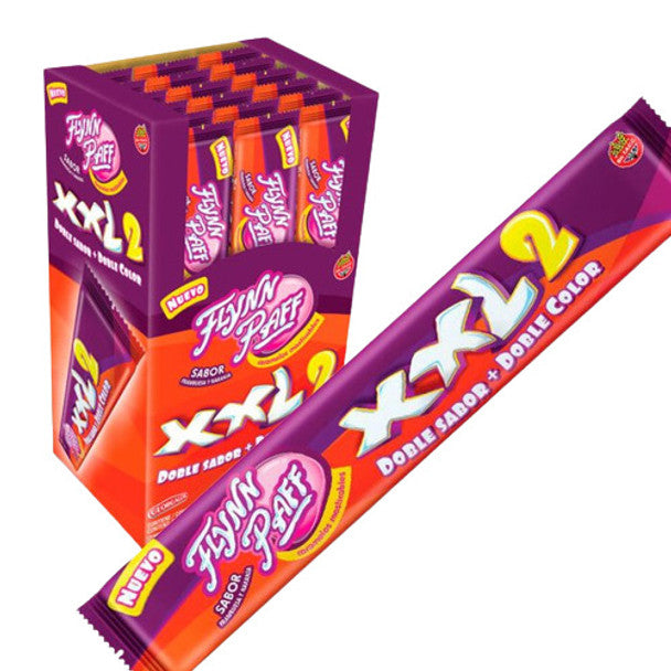Flynn Paff XXL 2 Caramelos Masticables Doble Sabor + Doble Color Frambuesa y Naranja Chewable Candies Double Flavor + Double Color Raspberry and Orange, 720 g / 25.39 oz (box of 24)
