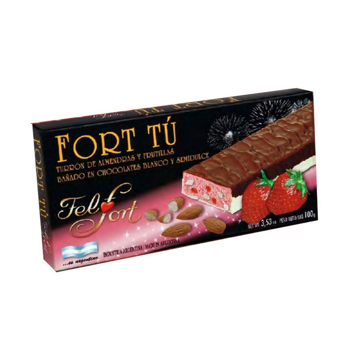 Fort Tú Turrón de Almendras y Frutillas White Chocolate Torrone with Strawberry & Almonds Soft Interior by FelFort, 100 g / 3.53 oz bar